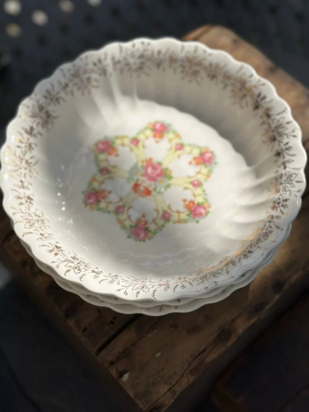 3 Vintage Franklinware Ivory Floral Scalloped Edge 22K Vegetable Bowls
